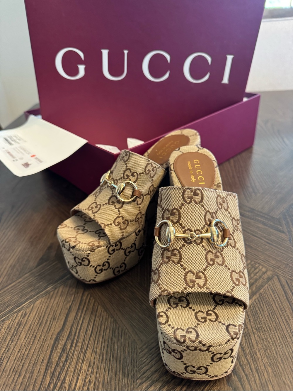 Gucci Beige Brown GG Canvas Horsebit Platform Slides